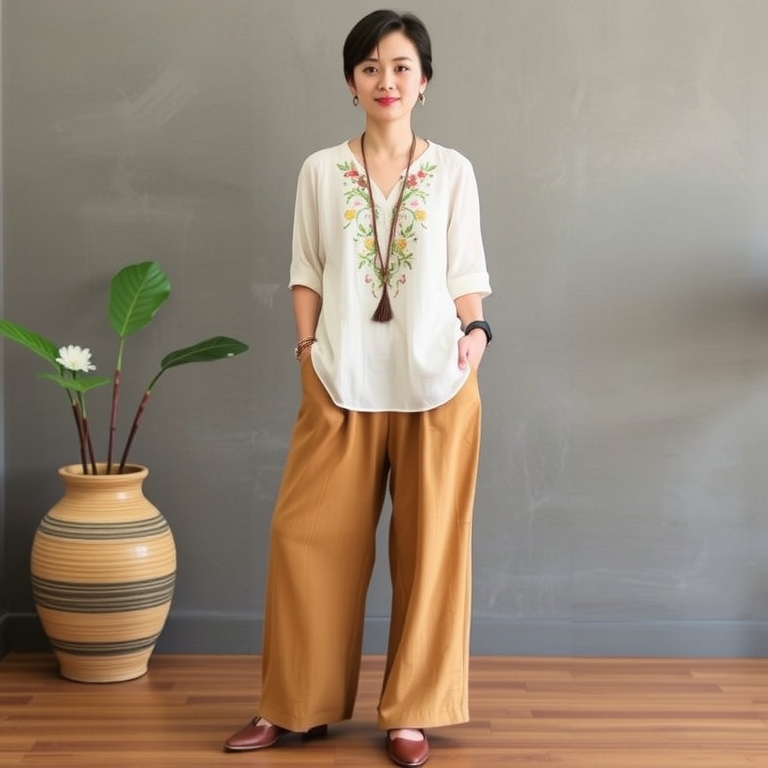 Embroidered Blouse & Wide-Leg Pants