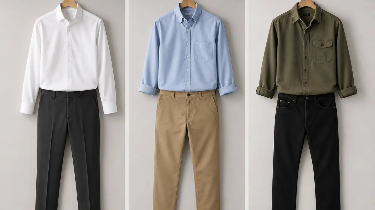 Formal, business-casual, and casual shirt and pant combinations in white and charcoal, light blue and khaki, and olive and black