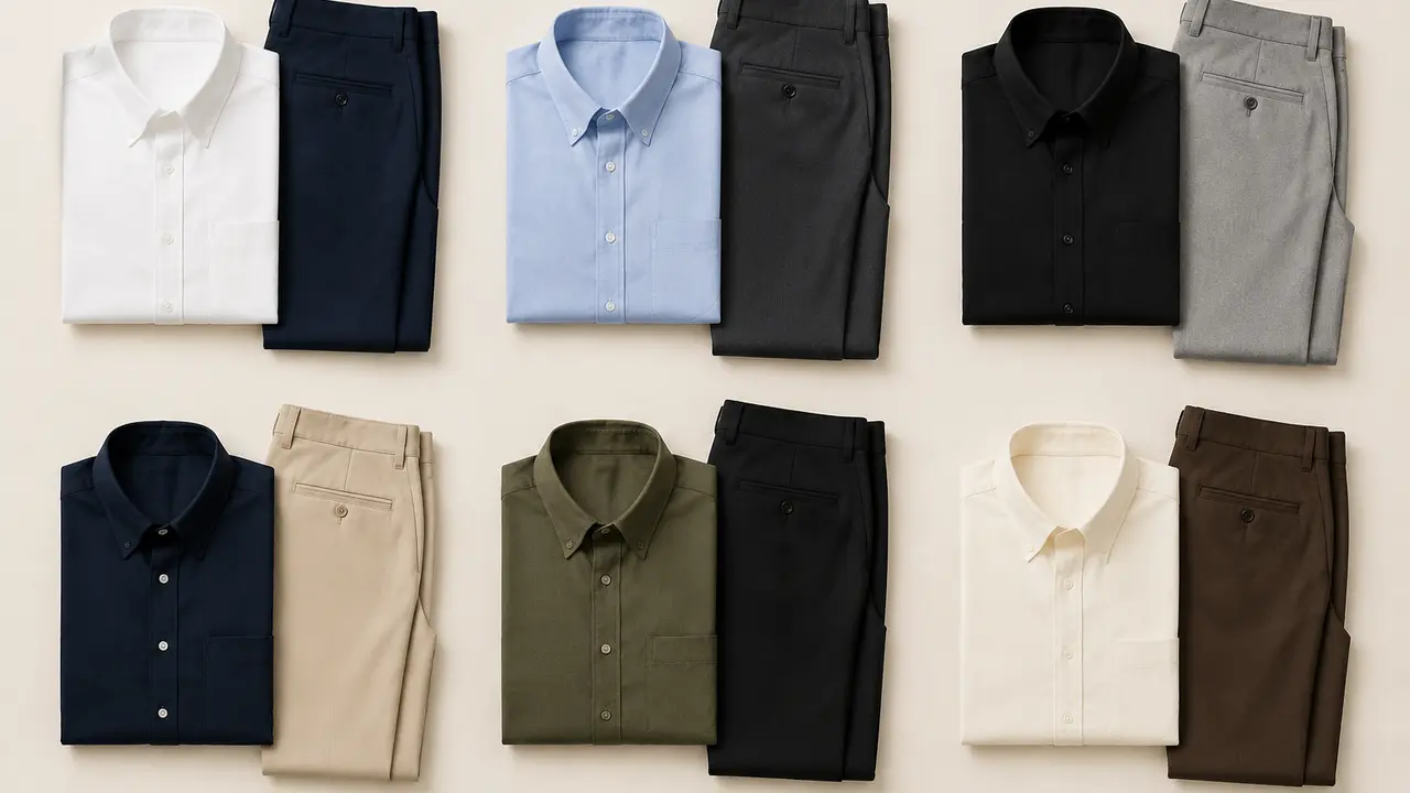 Six shirt and pant color combinations: white and navy, light blue and charcoal, black and grey, navy and beige, olive and black, cream and brown