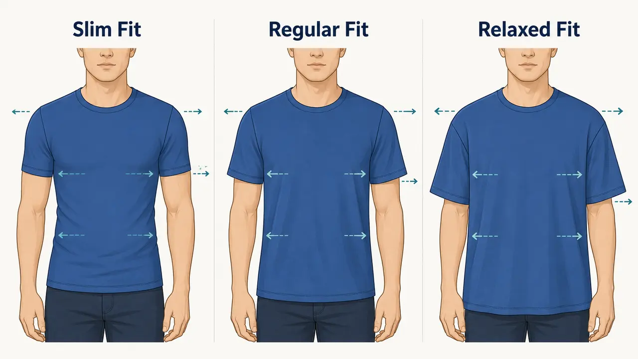 Visual comparison of slim fit, regular fit, and relaxed fit shirts